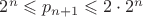 $2^{n}\leqslant p_{n+1} \leqslant2\cdot 2^{n}$