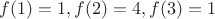 $f(1)=1, f(2)=4, f(3)=1$
