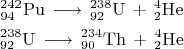 $$$\begin{gather*}
\mathrm{{}^{242}_{94}Pu \,\longrightarrow\, {}^{238}_{92}U\,+\, {}^4_2He} \\
\mathrm{{}^{238}_{92}U \,\longrightarrow\, {}^{234}_{90}Th\,+\, {}^4_2He} \\
\end{gather*}$$$