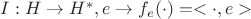 $I: H \to H^*, e \to f_e(\cdot) = <\cdot,e>$