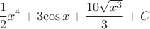 $$\dfrac{1}{2}x^4+3{\cos x }+\dfrac{10 \sqrt{x^3}}{3}+C$$
