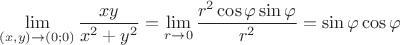 $\displaystyle\lim_{(x,y)\to(0;0)}\dfrac{xy}{x^2+y^2}=\displaystyle\lim_{r\to 0}\dfrac{r^2\cos\varphi\sin\varphi}{r^2}=\sin\varphi\cos\varphi$