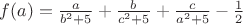 $f(a)=\frac{a}{b^2+5}+\frac{b}{c^2+5}+\frac{c}{a^2+5}- \frac{1}{2}$