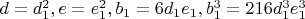 $d=d_1^2,e=e_1^2, b_1=6d_1e_1 , b_1^3=216d_1^3e_1^3$