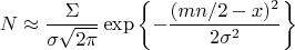$$N\approx\frac{\Sigma}{\sigma \sqrt{2\pi}} \exp \left\lbrace-\frac{(mn/2-x)^2}{2\sigma^2}\right\rbrace$$