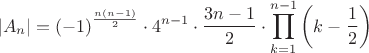 $$\left|A_{n}\right|=\left(-1\right)^{\frac{n\left(n-1\right)}{2}}\cdot 4^{n-1}\cdot\frac{3n-1}{2}\cdot\prod_{k=1}^{n-1}\left(k-\frac{1}{2}\right)$$