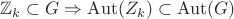 $$\mathbb{Z}_k\subset G\Rightarrow\operatorname{Aut}(\methbb{Z}_k)\subset\operatorname{Aut}(G)$$