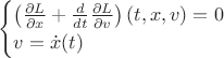 $$
\begin{cases}
\left(\frac{\partial L}{\partial x} + \frac{d}{dt} \frac{\partial L}{\partial v}\right)(t,x,v) = 0&\\
v = \dot{x}(t)&\\
\end{cases}
$$