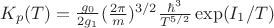 $K_{p}(T)=\frac {g_{0}}{2g_{1}}(\frac {2\pi}{m})^{3/2}\frac {\hbar^{3}}{T^{5/2}}\exp(I_{1}/T)$