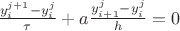 $\frac{{y}^{j+1}_{i} - {y}^{j}_{i}}{\tau }+ a \frac{{y}^{j}_{i+1} - {y}^{j}_{i}}{h }=0$
