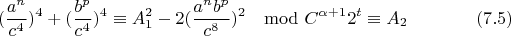 $$(\frac{a^n}{c^4})^{4}+(\frac{b^p}{c^4})^{4}\equiv A_1^2-2(\frac{a^nb^p}{c^{8}})^{2}\mod C^{\alpha+1}2^t \equiv A_2 \eqno(7.5)$$