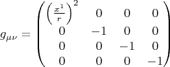 $$ g_{\mu \nu}=\begin{pmatrix}
\left( \frac{x^1}{r} \right)^2 & 0 & 0 & 0\\ 
0 & -1 & 0 & 0\\ 
0 & 0 & -1 & 0\\ 
0 & 0 & 0 & -1
\end{pmatrix}
 $$