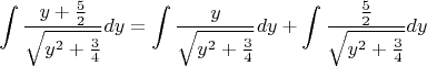 $$\int \frac{y+\frac{5}{2}}{\sqrt{y^2+\frac{3}{4}}}dy=\int \frac{y}{\sqrt{y^2+\frac{3}{4}}}dy + \int \frac{\frac{5}{2}}{\sqrt{y^2+\frac{3}{4}}}dy$$