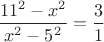 $\dfrac{11^2-x^2}{x^2-5^2}=\dfrac31$