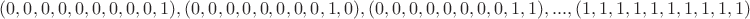 $(0,0,0,0,0,0,0,0,0,1),(0,0,0,0,0,0,0,0,1,0),(0,0,0,0,0,0,0,0,1,1),...,(1,1,1,1,1,1,1,1,1,1)$