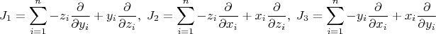 $$
J_1=\sum_{i=1}^n -z_i\frac{\partial}{\partial y_i}+y_i\frac{\partial}{\partial z_i},\; J_2=\sum_{i=1}^n -z_i\frac{\partial}{\partial x_i}+x_i\frac{\partial}{\partial z_i},\; J_3=\sum_{i=1}^n -y_i\frac{\partial}{\partial x_i}+x_i\frac{\partial}{\partial y_i}
$$