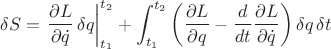 $$\delta S = \left.\frac{\partial L}{\partial \dot{q}}\,\delta q\right|_{t_1}^{t_2}+
\int_{t_1}^{t_2}\left( \frac{\partial L}{\partial q} -
\frac{d}{dt}\frac{\partial L}{\partial \dot{q}}\right) \delta q\,\delta t $$