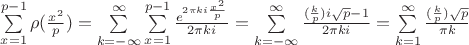 $\sum\limits_{x=1}^{p-1} \rho(\frac{x^2}{p})=\sum\limits_{k=-\infty}^{\infty}\sum\limits_{x=1}^{p-1}\frac{e^{2\pi ki\frac{x^2}{p}}}{2\pi ki}=\sum\limits_{k=-\infty}^{\infty}\frac{(\frac{k}{p})i\sqrt{p}-1}{2\pi ki}=\sum\limits_{k=1}^{\infty}\frac{(\frac{k}{p})\sqrt{p}}{\pi k}$