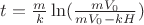 $t=\frac{m}{k}\ln(\frac{mV_0}{mV_0-kH})$
