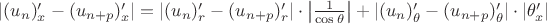 $\left\lvert (u_n)'_x - (u_{n+p})'_x\right\rvert=\left\lvert (u_n)'_r - (u_{n+p})'_r\right\rvert \cdot\left\lvert \frac{1}{\cos\theta}\right\rvert +\left\lvert (u_n)'_\theta - (u_{n+p})'_\theta\right\rvert \cdot \left\lvert\theta'_x\right\rvert$