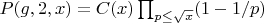 $P(g,2,x)=C(x)\prod_{p\leq \sqrt{x}}(1-1/p)$