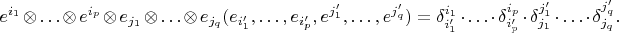 $$e^{i_1}\otimes\ldots\otimes e^{i_p}\otimes e_{j_1}\otimes\ldots\otimes e_{j_q}(e_{i'_1},\ldots,e_{i'_p},e^{j'_1},\ldots,e^{j'_q})=\delta^{i_1}_{i'_1}\cdot\ldots\cdot\delta^{i_p}_{i'_p}\cdot \delta_{j_1}^{j'_1}\cdot\ldots\cdot \delta^{j'_q}_{j_q}.$$