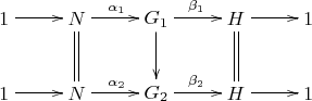 $$ \xymatrix{ 1\ar[r] & N\ar[r]^{\alpha_1}\ar@{=}[d] & G_1 \ar[r]^{\beta_1}\ar[d] & H\ar[r]\ar@{=}[d] & 1 \\ 
1\ar[r] & N\ar[r]^{\alpha_2} & G_2\ar[r]^{\beta_2} & H\ar[r] &1 } $$