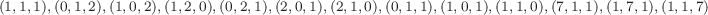 \footnotesize\begin{align*}
&(1,1,1),(0,1,2),(1,0,2),(1,2,0),(0,2,1),(2,0,1),(2,1,0),(0,1,1),(1,0,1),(1,1,0),(7,1,1),(1,7,1),(1,1,7)
\end{align*}