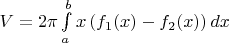 $V=2\pi\int\limits_a^bx\left(f_1(x)-f_2(x)\right)dx$