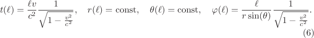 $$
t(\ell) = \frac{\ell v}{c^2} \frac{1}{\sqrt{1 - \frac{v^2}{c^2}}}, \quad
r(\ell) = \operatorname{const}, \quad
\theta(\ell) = \operatorname{const}, \quad
\varphi(\ell) = \frac{\ell}{r \sin(\theta)} \frac{1}{\sqrt{1 - \frac{v^2}{c^2}}}. \eqno(6)
$$