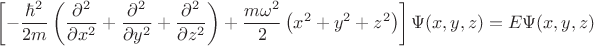 $$\left[-\frac{\hbar^2}{2m}\left(\frac{\partial^2}{\partial x^2}+\frac{\partial^2}{\partial y^2}+\frac{\partial^2}{\partial z^2}\right)+\frac{m\omega^2}{2}\left(x^2+y^2+z^2\right)\right]\Psi(x,y,z)=E\Psi(x,y,z)$$