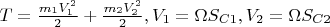 $T = \frac{m_1V_1^2}{2} + \frac{m_2V_2^2}{2},  V_1 = \Omega S_{C1},  V_2 = \Omega S_{C2}$