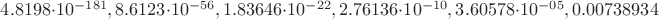 $4.8198\cdot 10^{-181},	8.6123\cdot 10^{-56},	1.83646\cdot 10^{-22},	2.76136\cdot 10^{-10},	3.60578\cdot 10^{-05},	0.00738934$