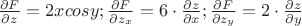 $\frac {\partial F} {\partial z} = 2xcosy; \frac {\partial F} {\partial z_x} = 6\cdot\frac {\partial z} {\partial x};  \frac {\partial F} {\partial z_y} = 2\cdot\frac {\partial z} {\partial y}$