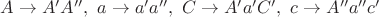 $A\rightarrow A'A'',\ a\rightarrow a'a'',\ C\rightarrow A'a'C',\ c\rightarrow A''a''c'$