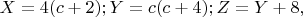 $X=4(c+2);  Y=c(c+4);  Z=Y+8,$