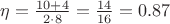 $\eta = \frac{10+4}{2\cdot 8} = \frac{14}{16} = 0.87$