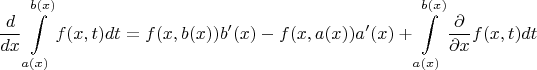 $$\frac d{dx}\int\limits_{a(x)}^{b(x)}f(x,t)dt=f(x,b(x))b'(x)-f(x,a(x))a'(x)+\int\limits_{a(x)}^{b(x)}\frac{\partial}{\partial x}f(x,t)dt$$