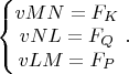 $\left\{\begin{matrix}
vMN=F_K\\ 
vNL=F_Q\\ 
vLM=F_P 
\end{matrix}\right..$