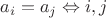 $a_i=a_j \Leftrightarrow i,j$