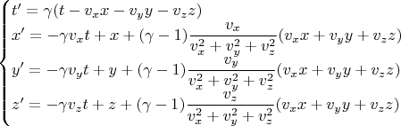 $$\begin{cases}t'=\gamma(t-v_x x-v_y y-v_z z)\\x'=-\gamma v_x t+x+(\gamma-1)\dfrac{v_x}{v_x^2+v_y^2+v_z^2}(v_x x+v_y y+v_z z)\\y'=-\gamma v_y t+y+(\gamma-1)\dfrac{v_y}{v_x^2+v_y^2+v_z^2}(v_x x+v_y y+v_z z)\\z'=-\gamma v_z t+z+(\gamma-1)\dfrac{v_z}{v_x^2+v_y^2+v_z^2}(v_x x+v_y y+v_z z)\\\end{cases}$$