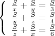 $$\left\{
\begin{array}{rcl}
 \frac{S}{x}+\frac{S}{y}=\frac{S}{3} \\
 \frac{S}{y}+\frac{S}{z}=\frac{S}{4}\\
 \frac{S}{z}+\frac{S}{x}=\frac{S}{6}\\
\end{array}
\right.$$