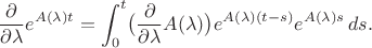 $$\frac{\partial}{\partial \lambda } e^{A(\lambda)t} = 
\int_0^t \bigl(\frac{\partial}{\partial \lambda } A(\lambda)\bigr) e^{A(\lambda)(t-s)}e^{A(\lambda)s}\,ds .$$