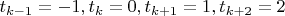 $t_{k-1}=-1,t_k=0,t_{k+1}=1,t_{k+2}=2$