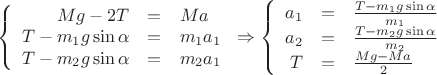 $$\left\{
\begin{array}{rcl}
Mg - 2T &=& Ma\\
T - m_1g \sin{\alpha} &=& m_1 a_1\\
T - m_2 g \sin{\alpha} &=& m_2 a_1\\
\end{array}
\right. \Rightarrow 
\left\{
\begin{array}{rcl}
a_1 &=& \frac {T - m_1 g \sin{\alpha}} {m_1}\\
a_2 &=& \frac {T - m_2 g \sin{\alpha}} {m_2}\\
T &=& \frac {Mg - Ma} {2}\\
\end{array}
\right.
$$