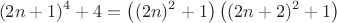 $$(2n+1)^4+4=\left ( (2n)^2+1 \right )\left ( (2n+2)^2+1 \right )$$