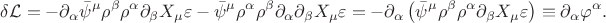 $$
\delta \mathcal L =
- \partial_\alpha \bar \psi^\mu \rho^\beta \rho^\alpha \partial_\beta X_\mu \varepsilon
- \bar \psi^\mu \rho^\alpha \rho^\beta \partial_\alpha \partial_\beta X_\mu \varepsilon
= - \partial_\alpha \left( \bar \psi^\mu \rho^\beta \rho^\alpha \partial_\beta X_\mu \varepsilon \right)
\equiv \partial_\alpha \varphi^\alpha.
$$