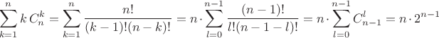 $$\sum\limits_{k=1}^nk\,C_n^k=\sum\limits_{k=1}^n\dfrac{n!}{(k-1)!(n-k)!}=n\cdot\sum\limits_{l=0}^{n-1}\dfrac{(n-1)!}{l!(n-1-l)!}=n\cdot\sum\limits_{l=0}^{n-1}C_{n-1}^l=n\cdot2^{n-1}$$