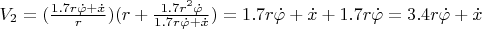 $V_2=(\frac {1.7r\dot\varphi+\dot{x}}{r})(r+\frac {1.7r^2\dot\varphi}{1.7r\dot\varphi+\dot{x}})=1.7r\dot\varphi+\dot{x}+1.7r \dot\varphi=3.4r\dot\varphi+\dot{x}$