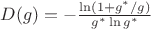 $D(g) = -\frac{\ln(1 + g^*/g)}{g^*\ln g^*}$